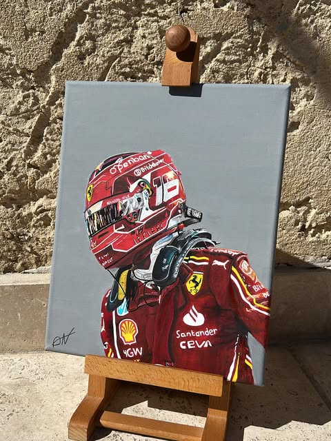 Portrait peint de Charles Leclerc en rouge de course